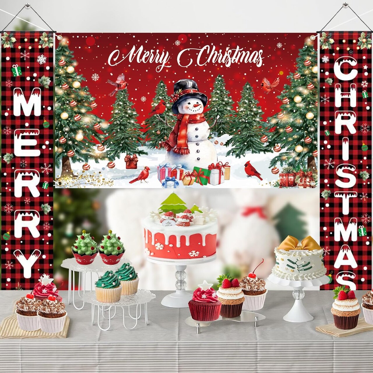 Merry Christmas Banners with 3 Pcs 71"x 43" Christmas Backdrop and Porch Signs(Christmas)1"L x 1"W